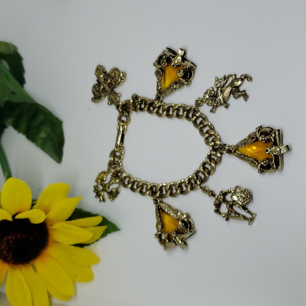 Vintage Amber Thick-Link Charm Bracelet 7"